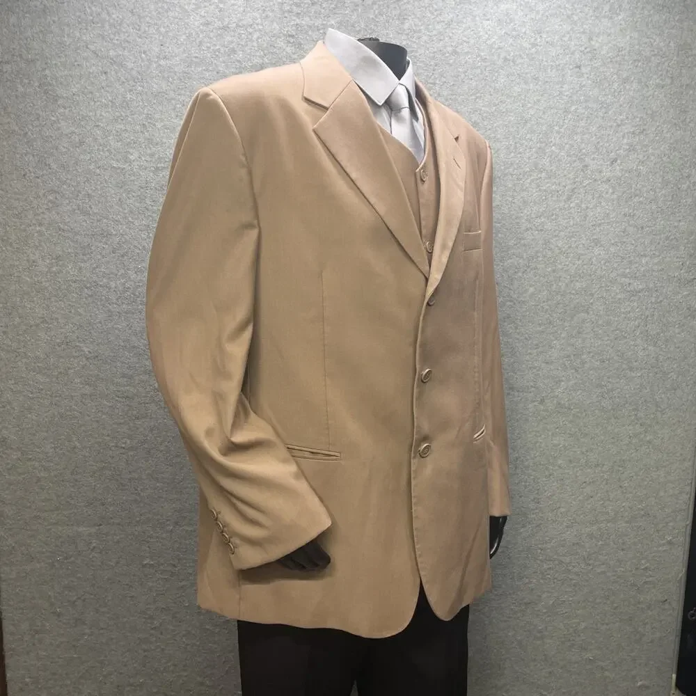 Vittorio St Angelo Mens 3 Pc Suit Sand 3-But Blazer/Vest 48R Pants 42R Classic
